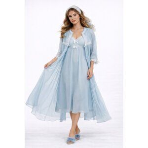 vintage 70s LORRAINE 2 piece robe nightgown set nylon ruffle bow cottagecore